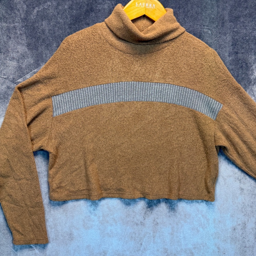 Moa Moa Turtleneck Top Womens Brown Boxy S Cozy Knit Ribbed Contrast Panel USA